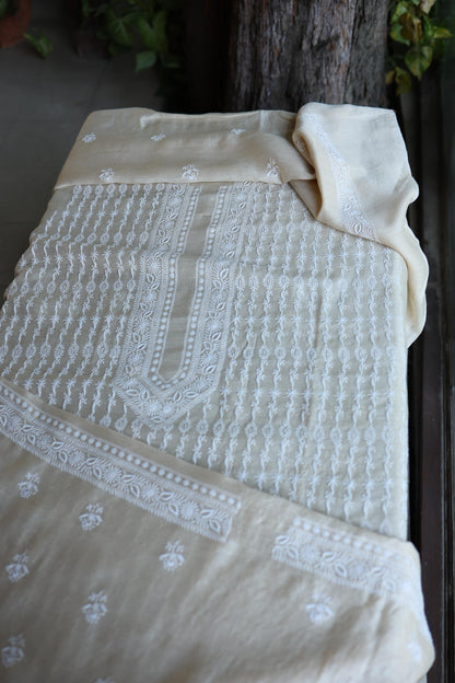 Natural Beige Moonga Silk All Over Front Jaal Chikankari Men’s Kurta Fabric