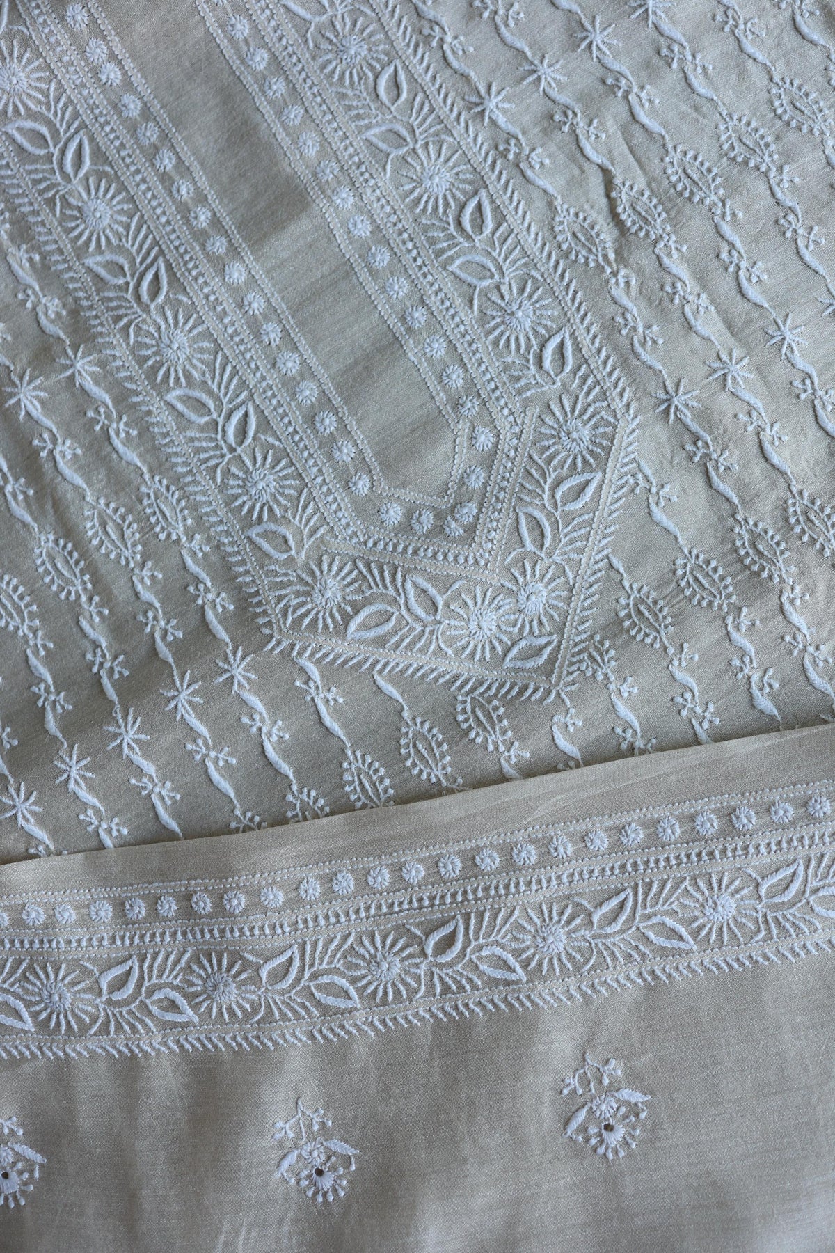 Natural Beige Moonga Silk All Over Front Jaal Chikankari Men’s Kurta Fabric