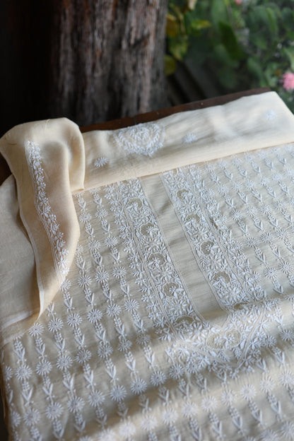 Natural Beige Moonga Silk All Over Front Jaal Chikankari Men’s Kurta Fabric