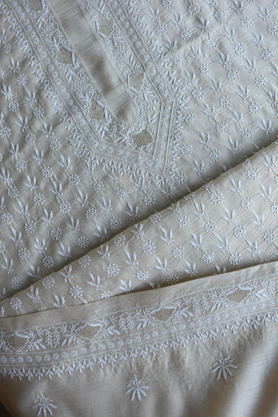 Natural Beige Moonga Silk All Over Front Jaal Chikankari Men’s Kurta Fabric