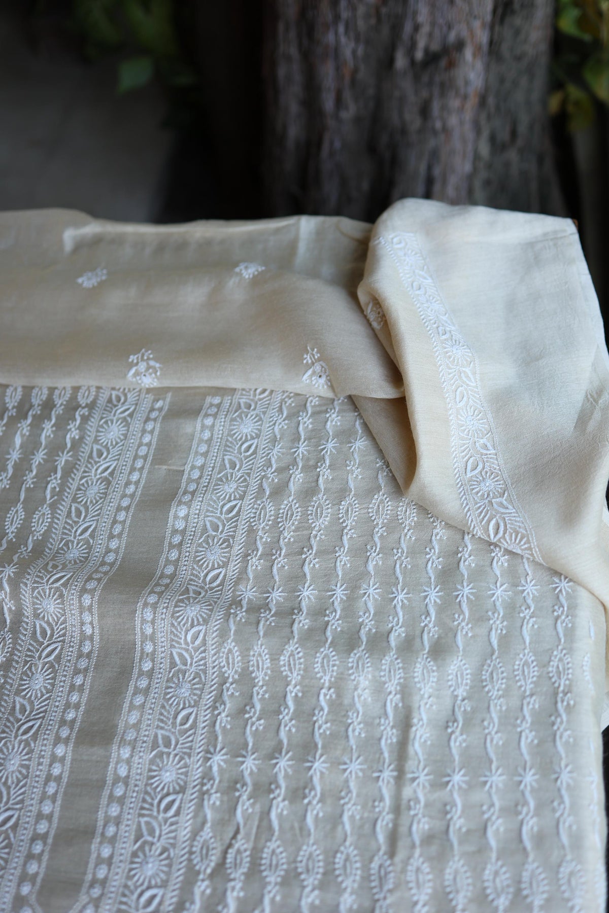 Natural Beige Moonga Silk All Over Front Jaal Chikankari Men’s Kurta Fabric
