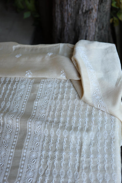 Natural Beige Moonga Silk All Over Front Jaal Chikankari Men’s Kurta Fabric