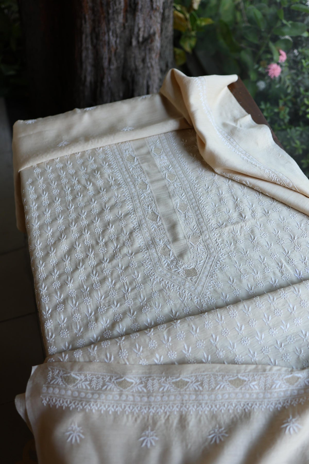 Natural Beige Moonga Silk All Over Front Jaal Chikankari Men’s Kurta Fabric