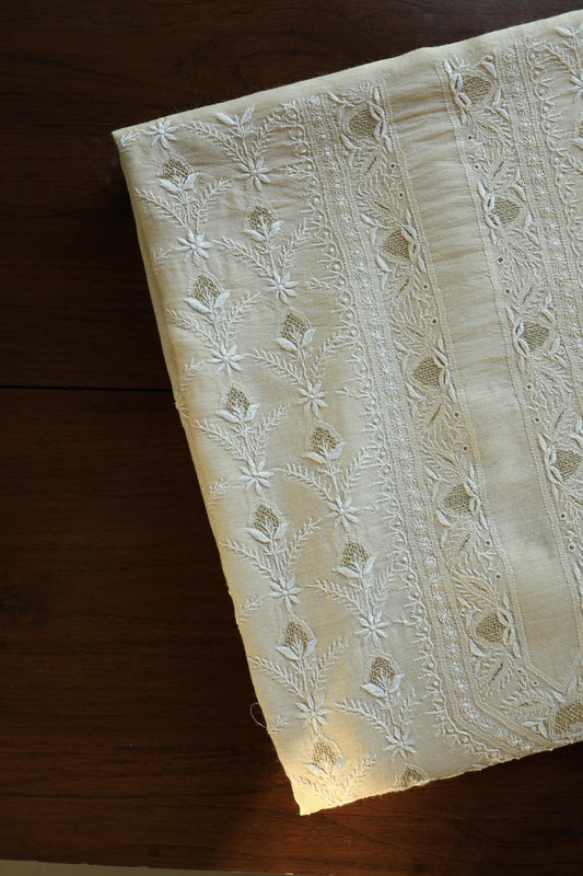 Natural Beige Moonga Silk All Over Front Jaal Chikankari Men’s Kurta Fabric