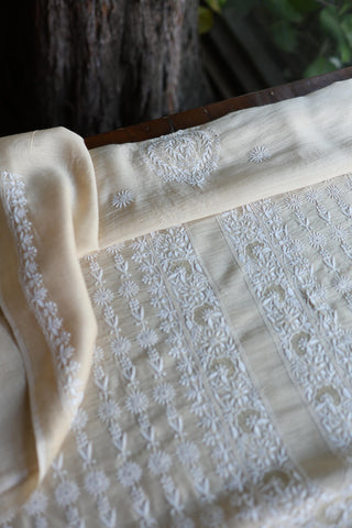 Natural Beige Moonga Silk All Over Front Jaal Chikankari Men’s Kurta Fabric