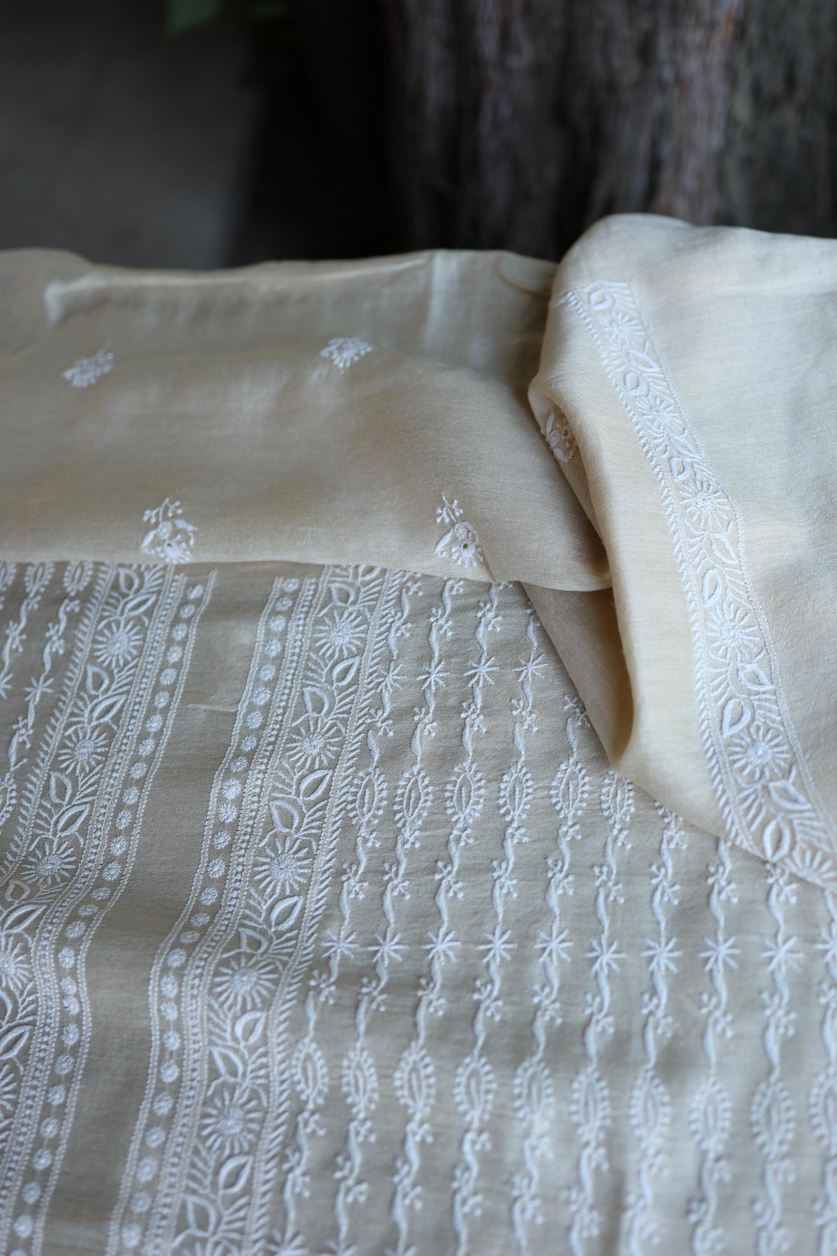 Natural Beige Moonga Silk All Over Front Jaal Chikankari Men’s Kurta Fabric