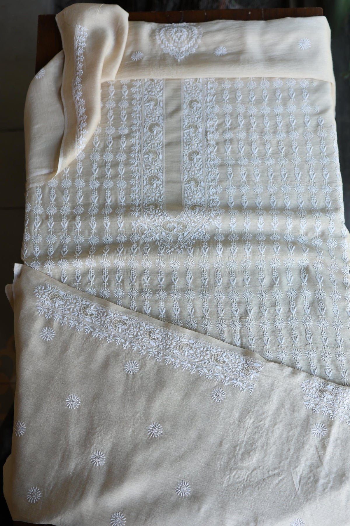 Natural Beige Moonga Silk All Over Front Jaal Chikankari Men’s Kurta Fabric