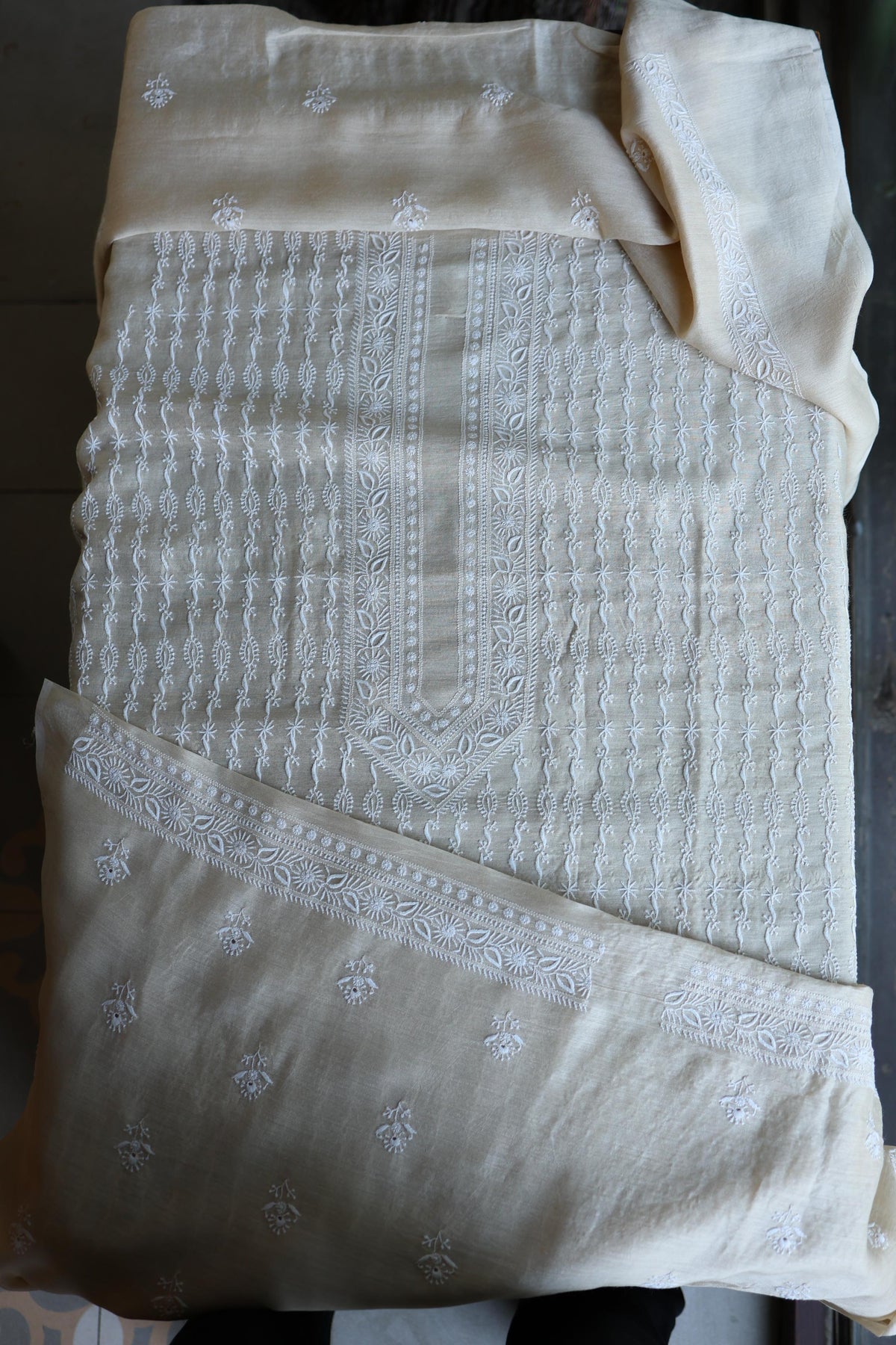 Natural Beige Moonga Silk All Over Front Jaal Chikankari Men’s Kurta Fabric