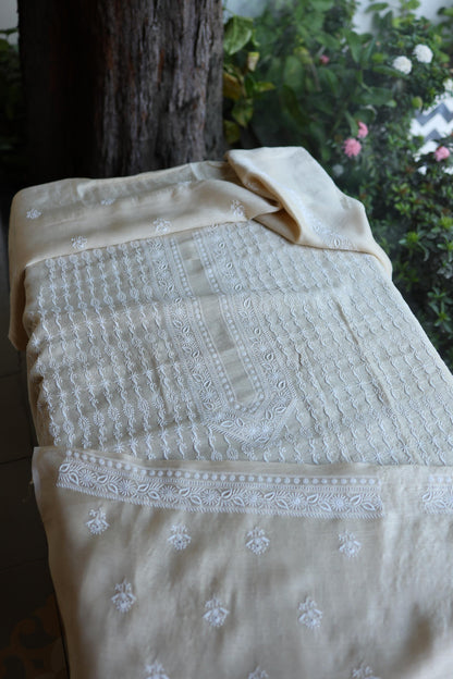 Natural Beige Moonga Silk All Over Front Jaal Chikankari Men’s Kurta Fabric