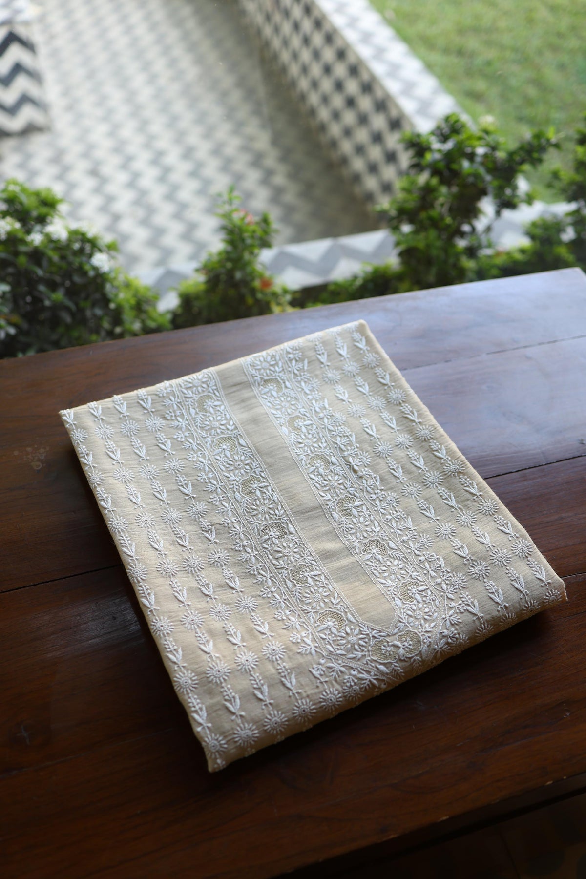 Natural Beige Moonga Silk All Over Front Jaal Chikankari Men’s Kurta Fabric