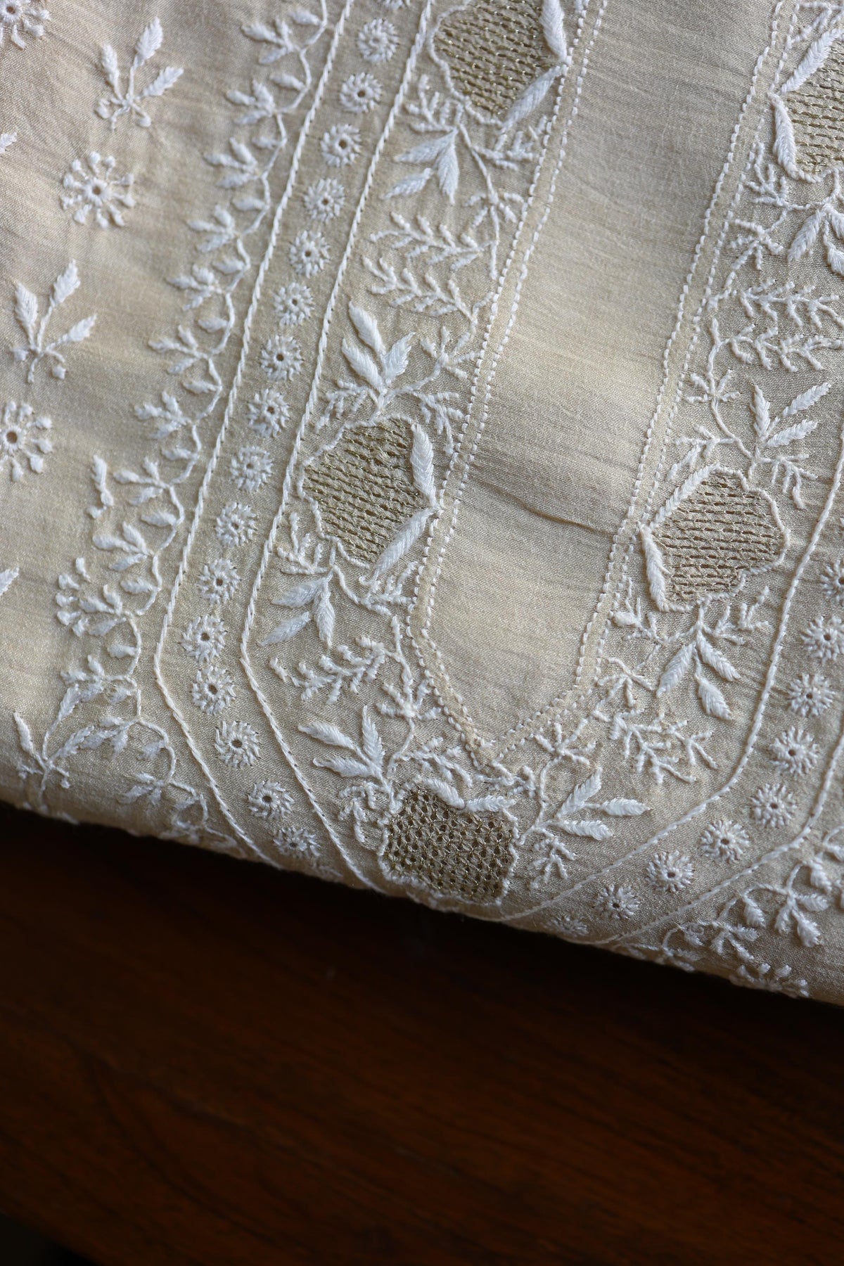 Natural Beige Moonga Silk All Over Front Jaal Chikankari Men’s Kurta Fabric