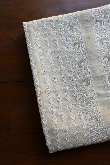 Natural Beige Moonga Silk All Over Front Jaal Chikankari Men’s Kurta Fabric