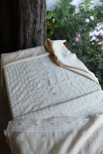 Natural Beige Moonga Silk All Over Front Jaal Chikankari Men’s Kurta Fabric
