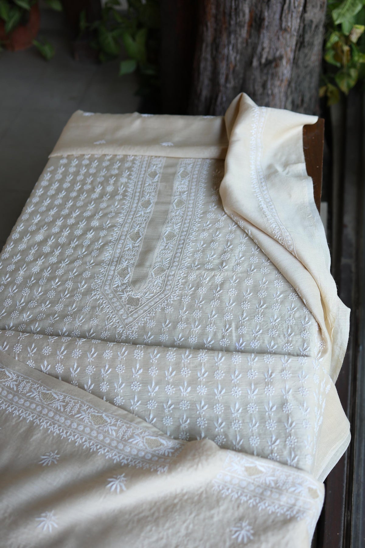 Natural Beige Moonga Silk All Over Front Jaal Chikankari Men’s Kurta Fabric