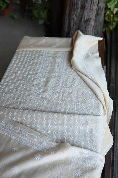 Natural Beige Moonga Silk All Over Front Jaal Chikankari Men’s Kurta Fabric