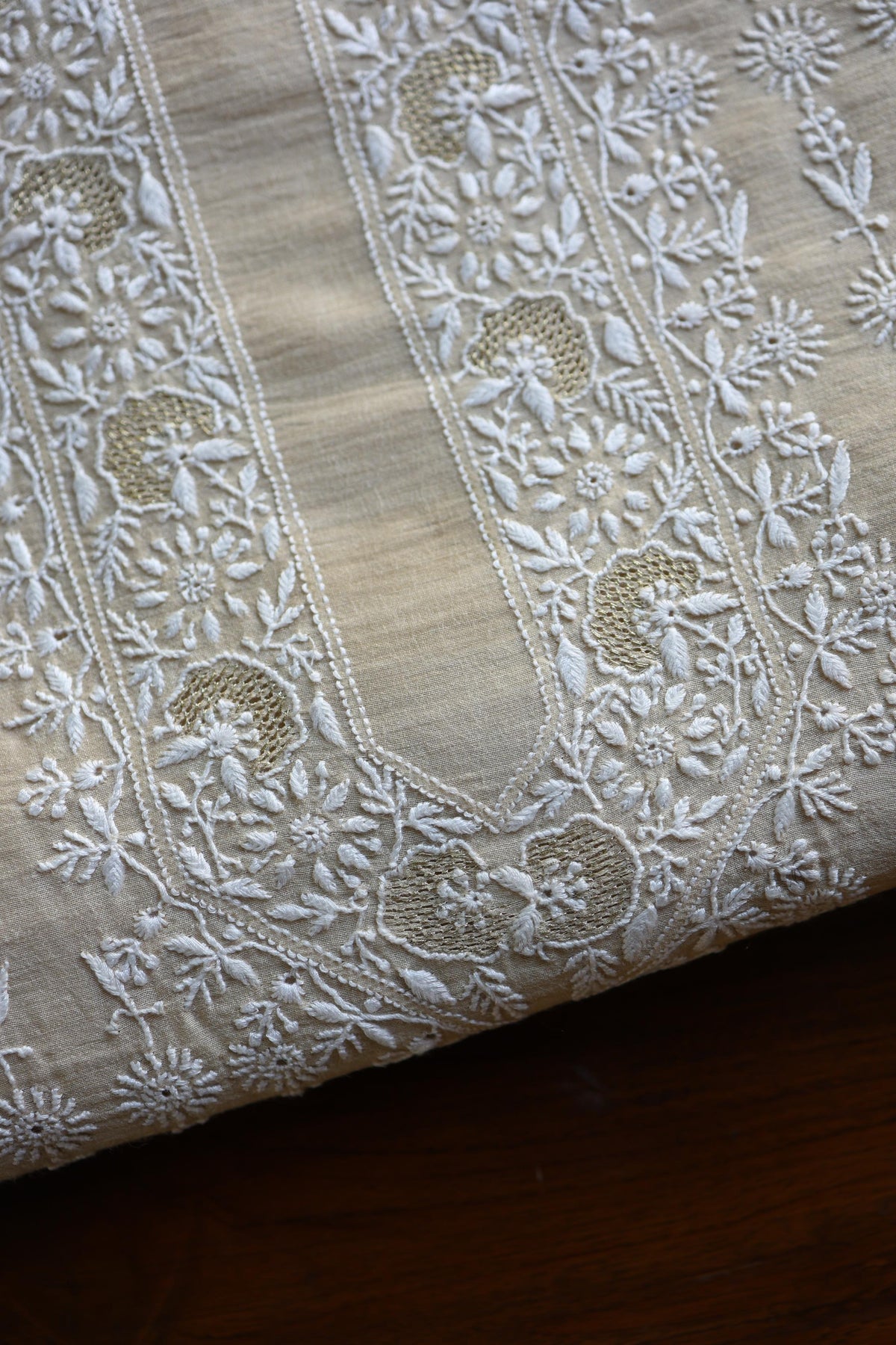 Natural Beige Moonga Silk All Over Front Jaal Chikankari Men’s Kurta Fabric