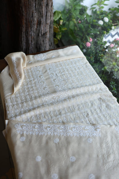 Natural Beige Moonga Silk All Over Front Jaal Chikankari Men’s Kurta Fabric