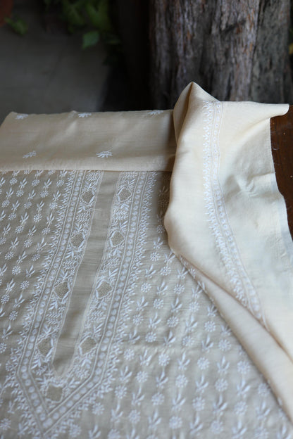 Natural Beige Moonga Silk All Over Front Jaal Chikankari Men’s Kurta Fabric