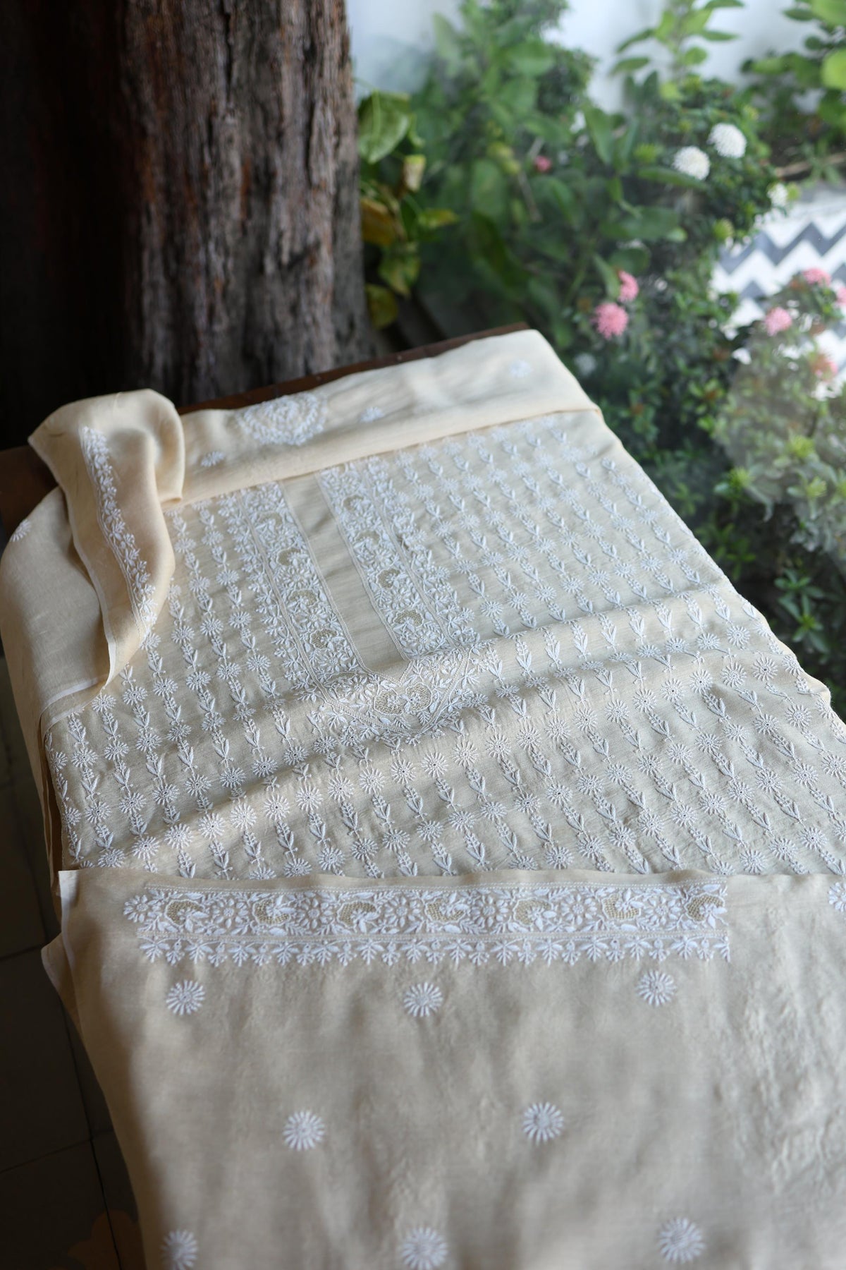 Natural Beige Moonga Silk All Over Front Jaal Chikankari Men’s Kurta Fabric