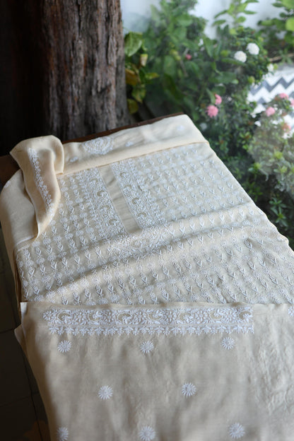 Natural Beige Moonga Silk All Over Front Jaal Chikankari Men’s Kurta Fabric