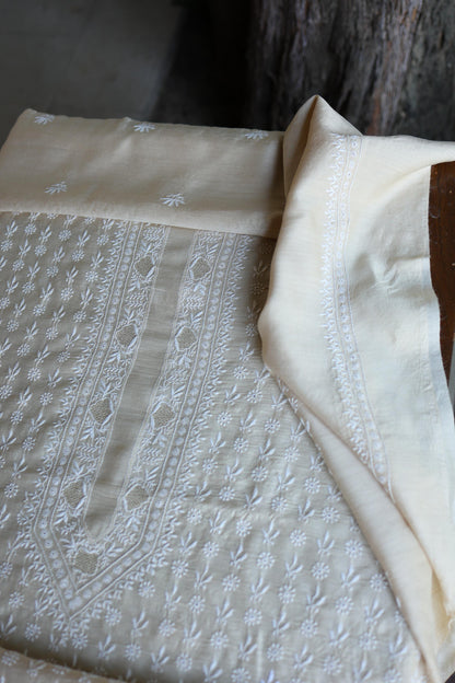 Natural Beige Moonga Silk All Over Front Jaal Chikankari Men’s Kurta Fabric