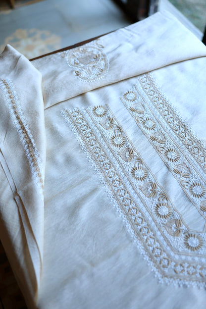 Natural Beige Moonga Silk Chikankari Men’s Kurta Fabric
