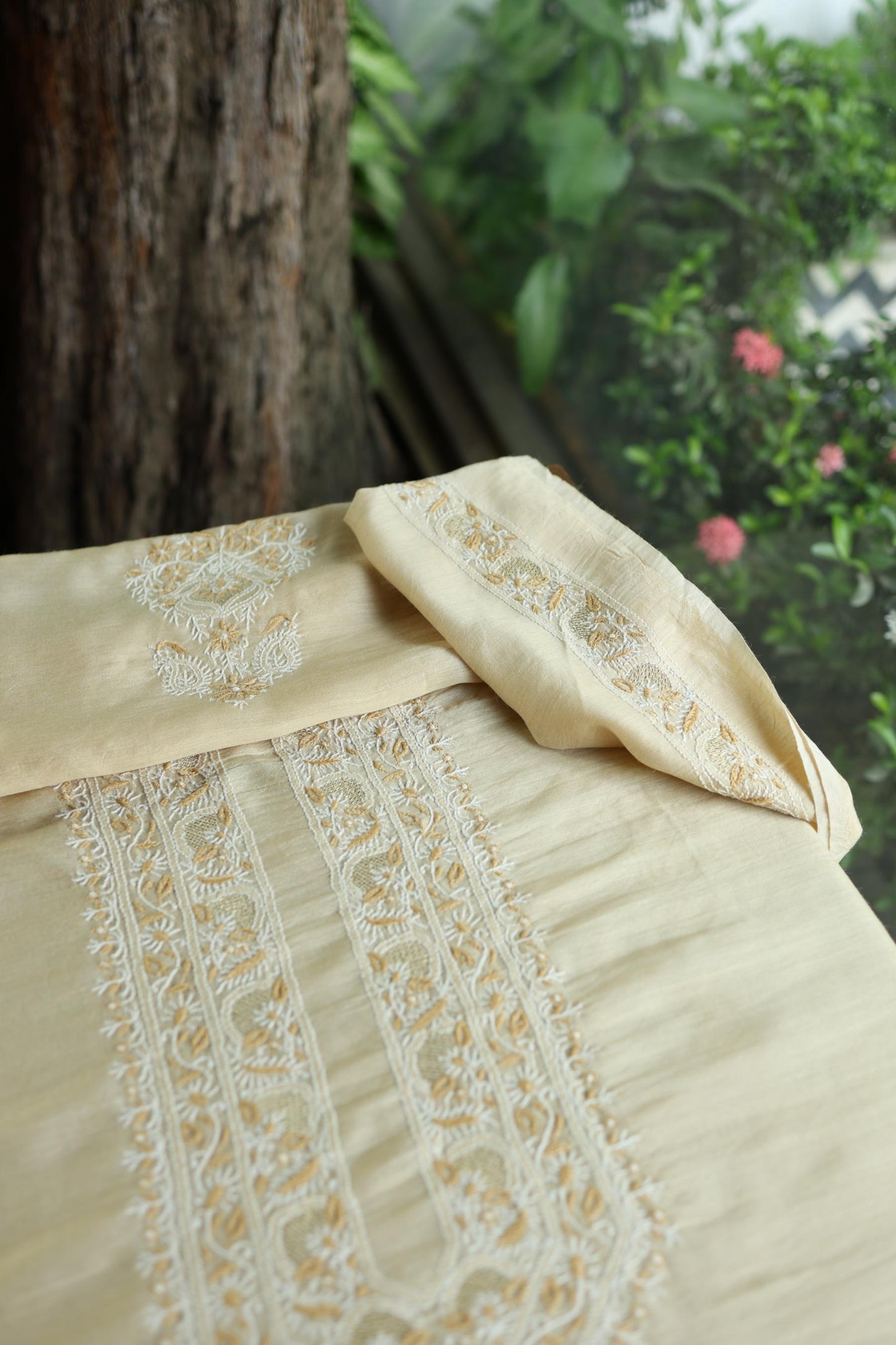 Natural Beige Moonga Silk Chikankari Men’s Kurta Fabric