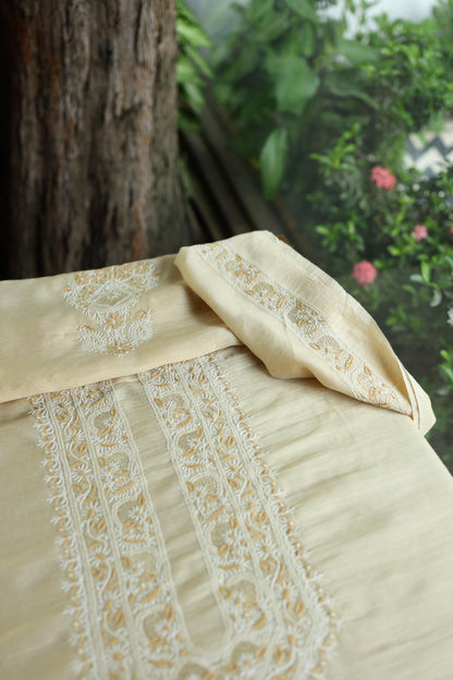 Natural Beige Moonga Silk Chikankari Men’s Kurta Fabric