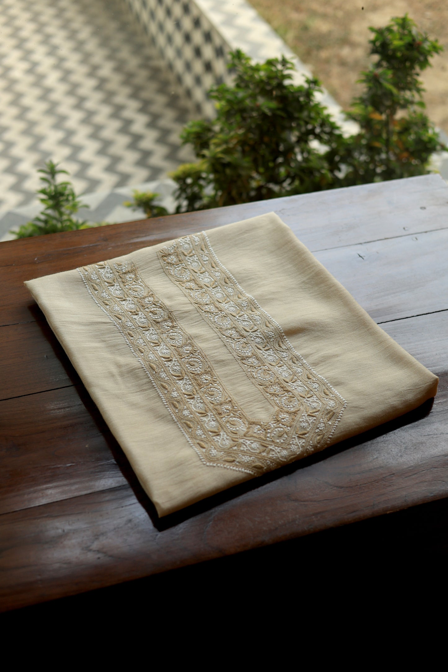 Natural Beige Moonga Silk Chikankari Men’s Kurta Fabric