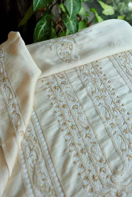 Natural Beige Moonga Silk Chikankari Men’s Kurta Fabric