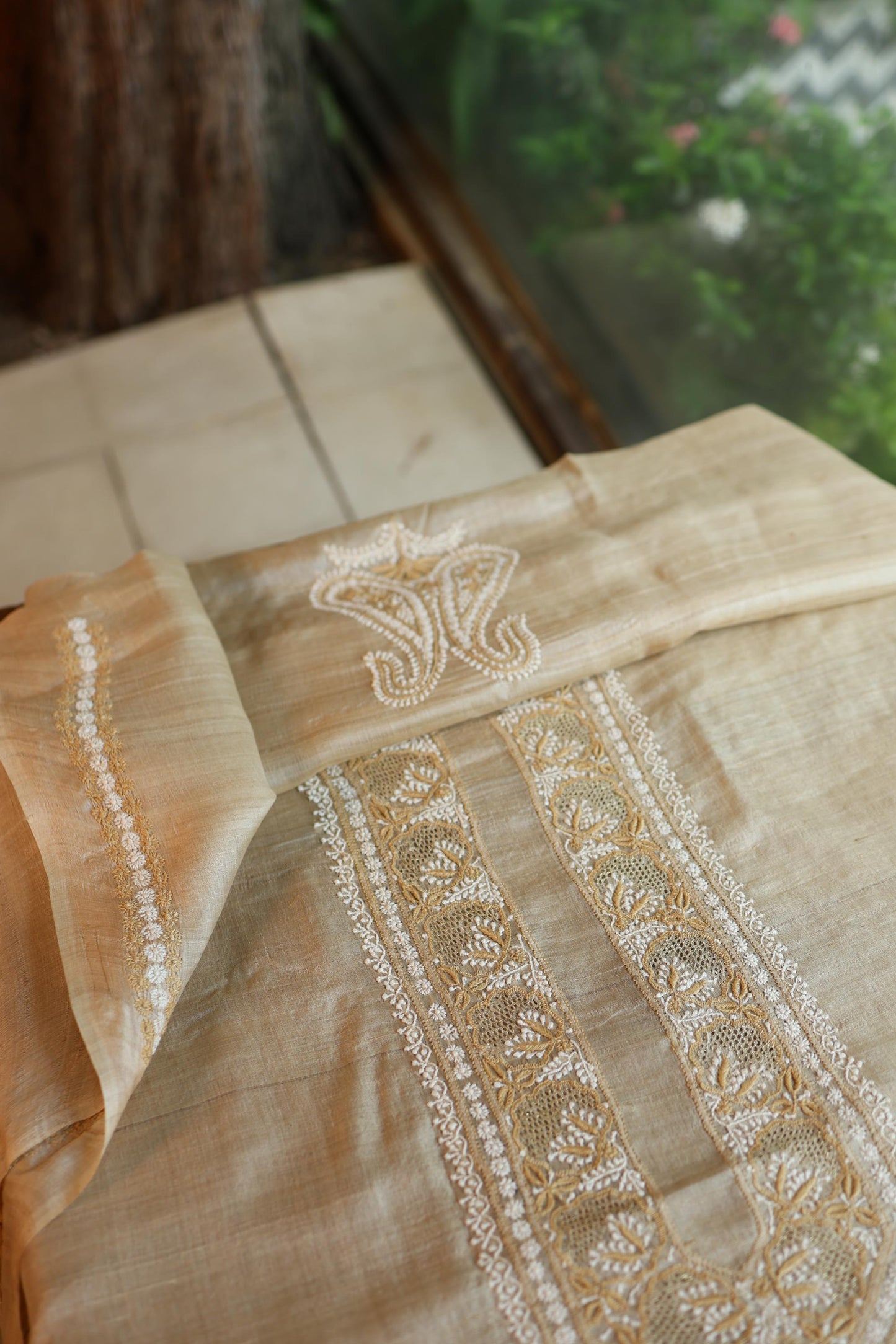 Natural Beige Moonga Silk Chikankari Men’s Kurta Fabric