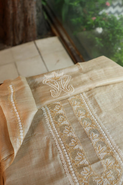 Natural Beige Moonga Silk Chikankari Men’s Kurta Fabric