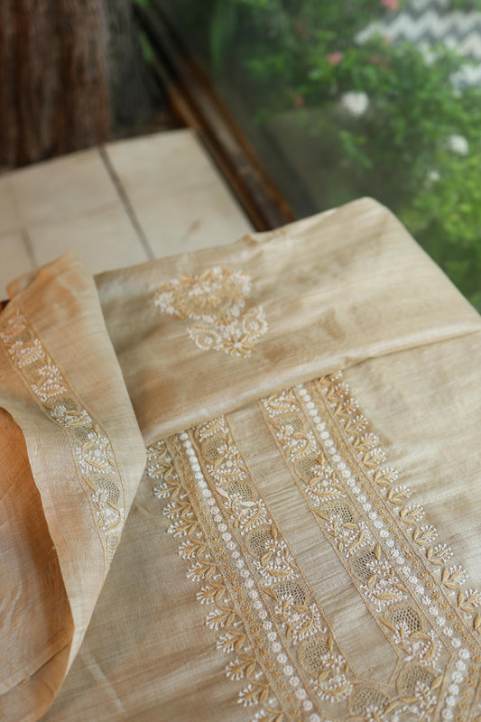 Natural Beige Moonga Silk Chikankari Men’s Kurta Fabric