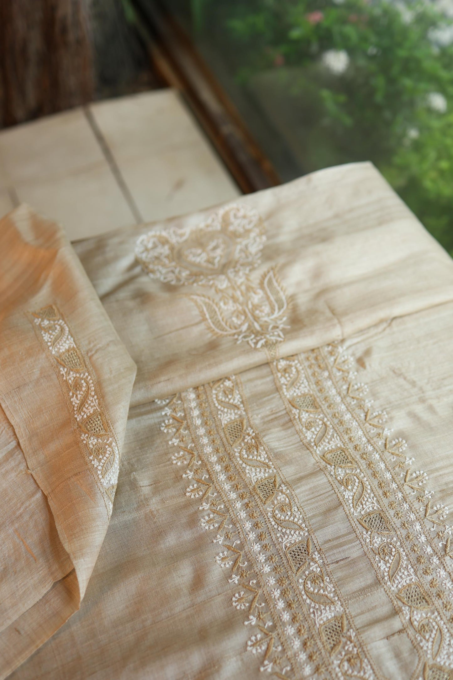 Natural Beige Moonga Silk Chikankari Men’s Kurta Fabric