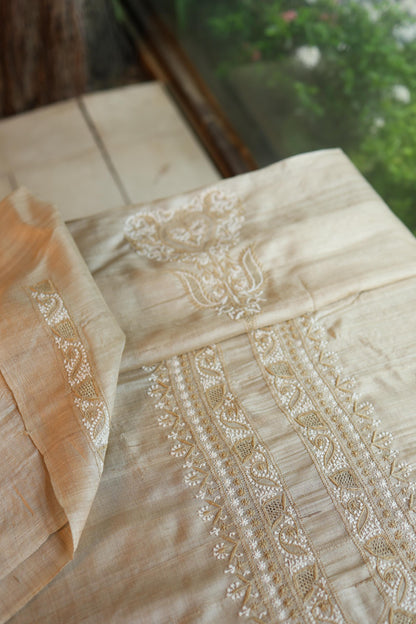 Natural Beige Moonga Silk Chikankari Men’s Kurta Fabric