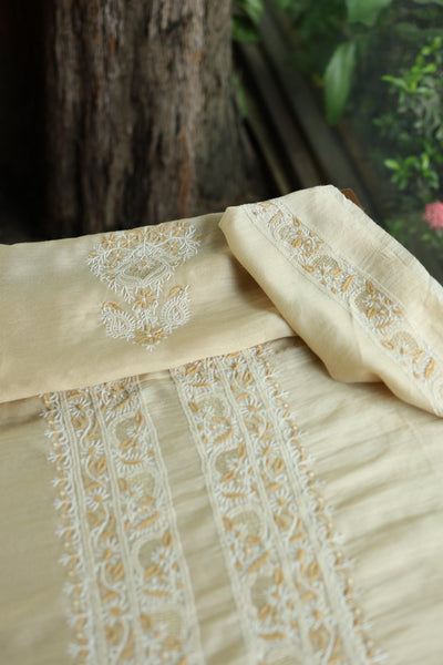 Natural Beige Moonga Silk Chikankari Men’s Kurta Fabric