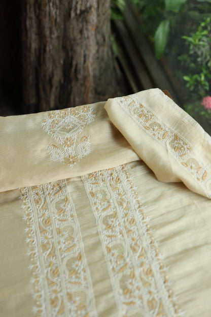 Natural Beige Moonga Silk Chikankari Men’s Kurta Fabric