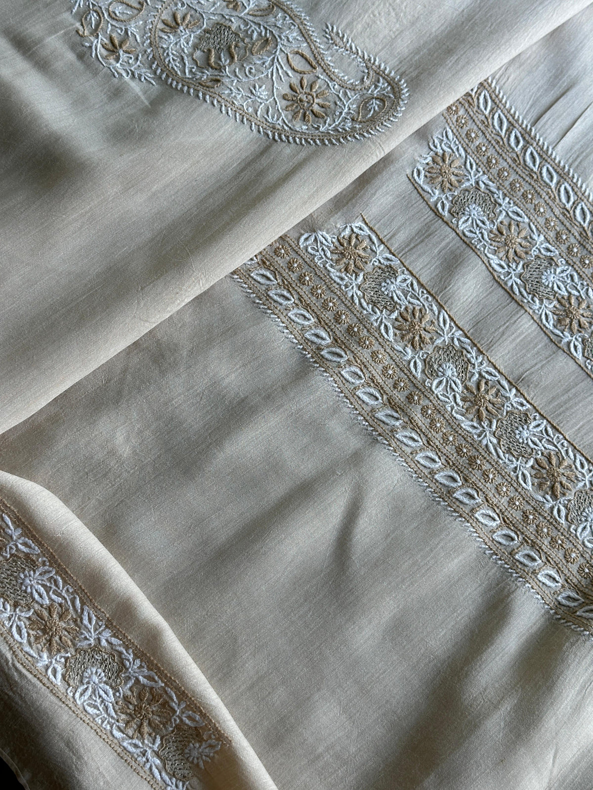 Natural Beige Moonga Silk Chikankari Men’s Kurta Fabric
