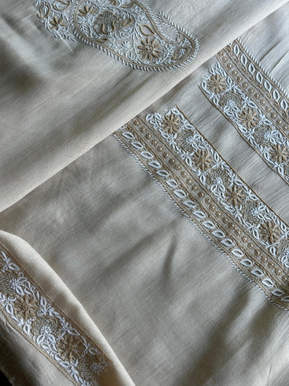 Natural Beige Moonga Silk Chikankari Men’s Kurta Fabric