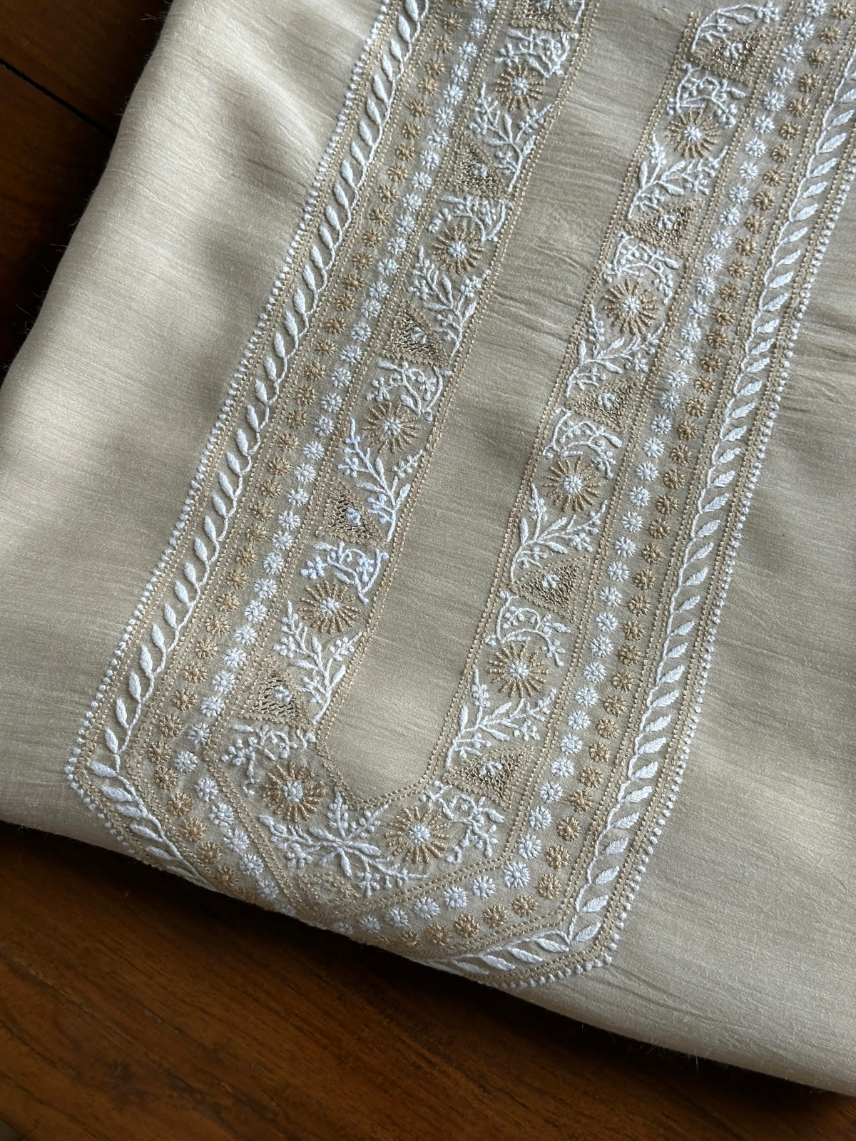 Natural Beige Moonga Silk Chikankari Men’s Kurta Fabric
