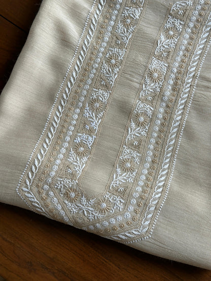 Natural Beige Moonga Silk Chikankari Men’s Kurta Fabric