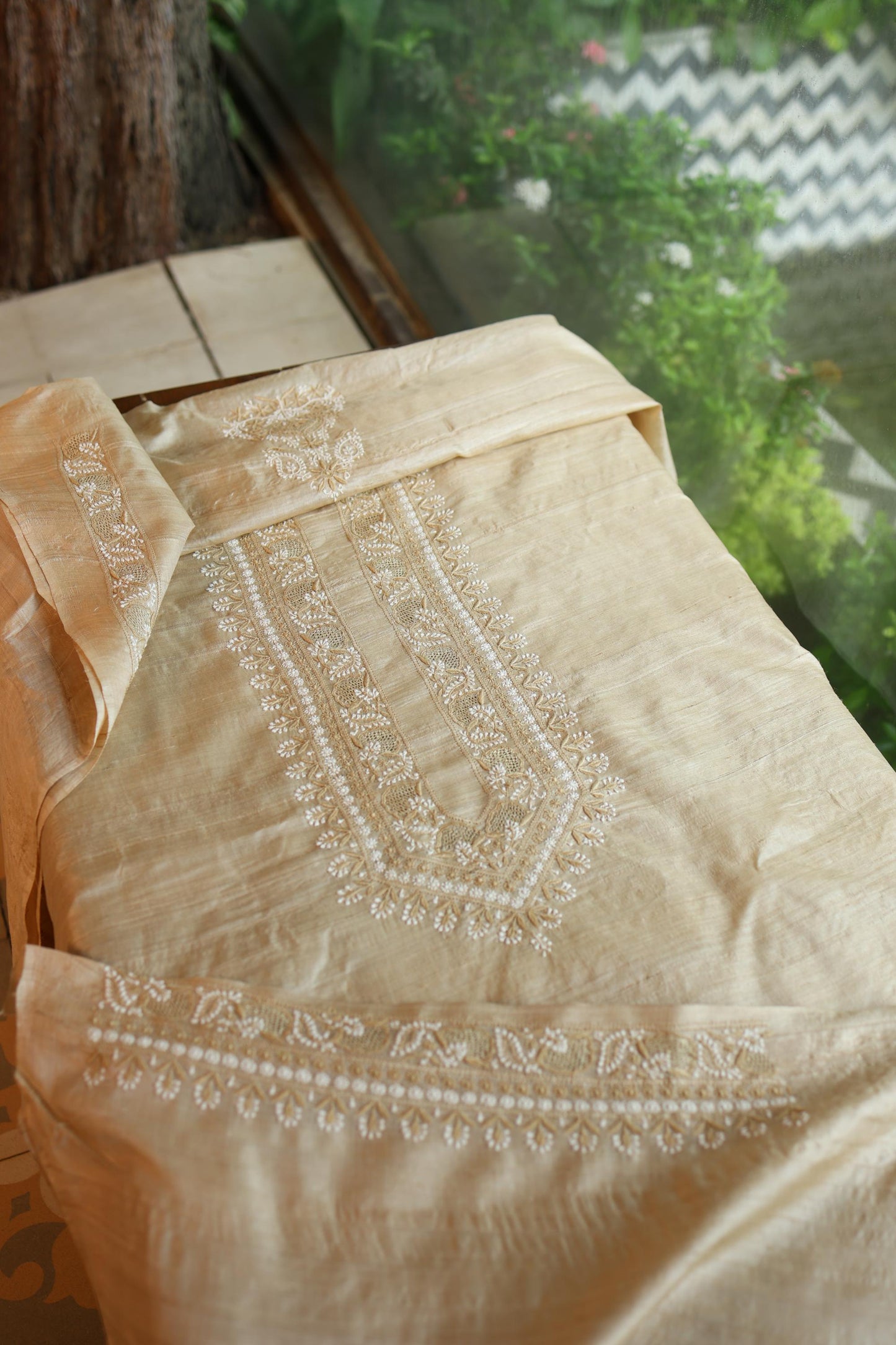 Natural Beige Moonga Silk Chikankari Men’s Kurta Fabric