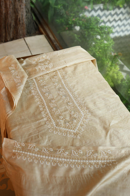 Natural Beige Moonga Silk Chikankari Men’s Kurta Fabric
