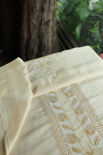 Natural Beige Moonga Silk Chikankari Men’s Kurta Fabric