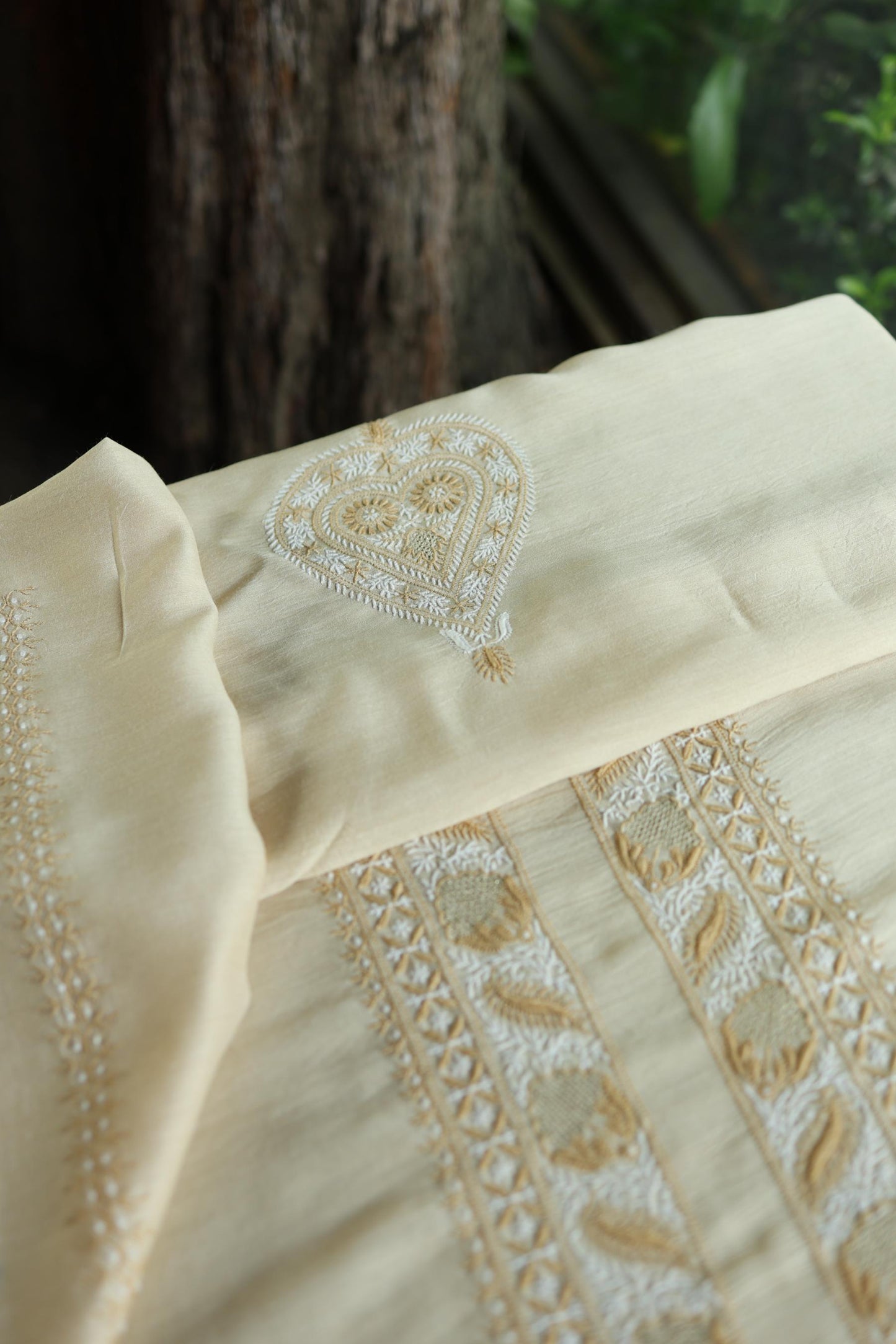 Natural Beige Moonga Silk Chikankari Men’s Kurta Fabric