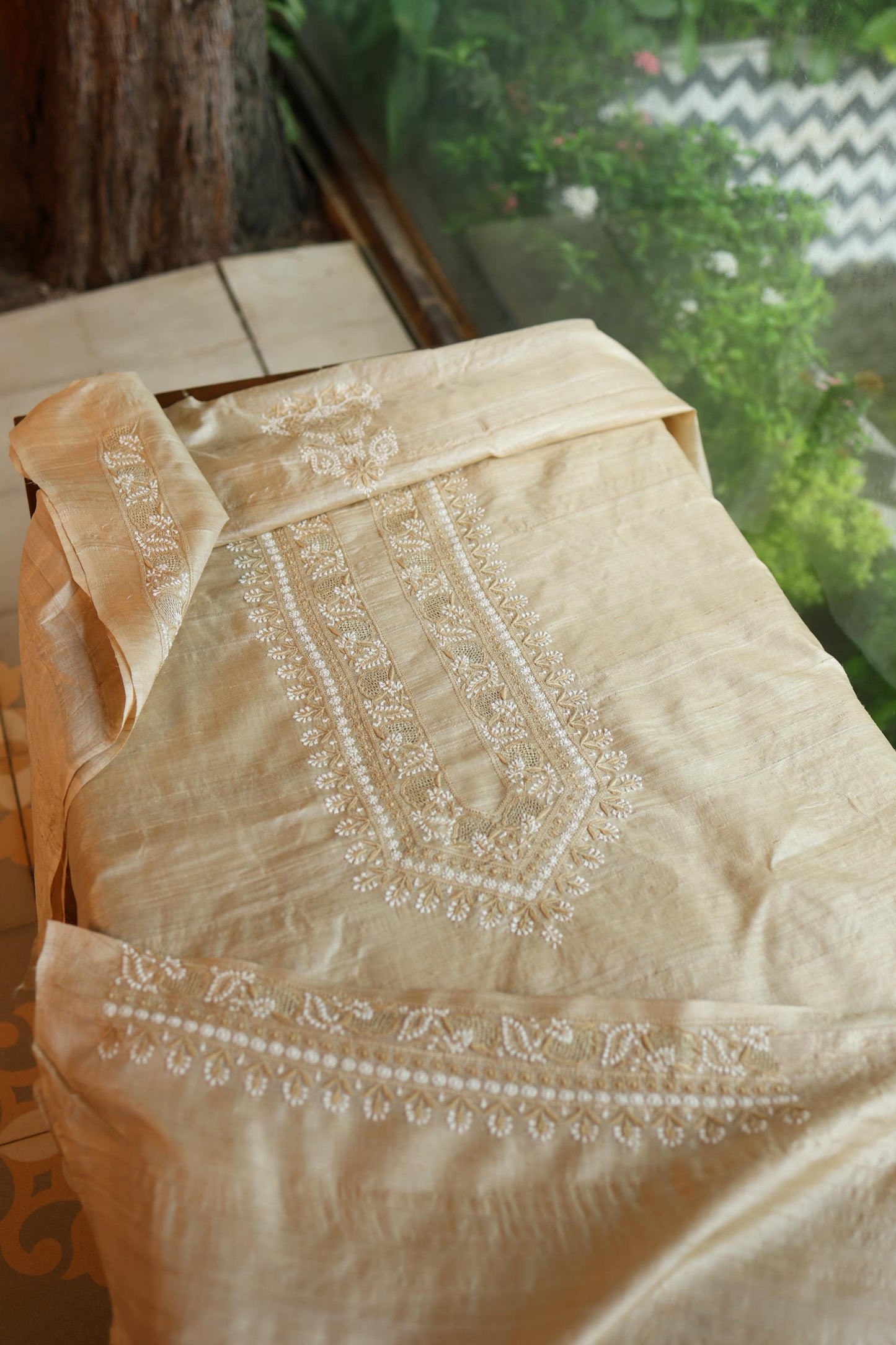 Natural Beige Moonga Silk Chikankari Men’s Kurta Fabric