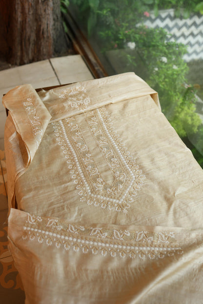 Natural Beige Moonga Silk Chikankari Men’s Kurta Fabric