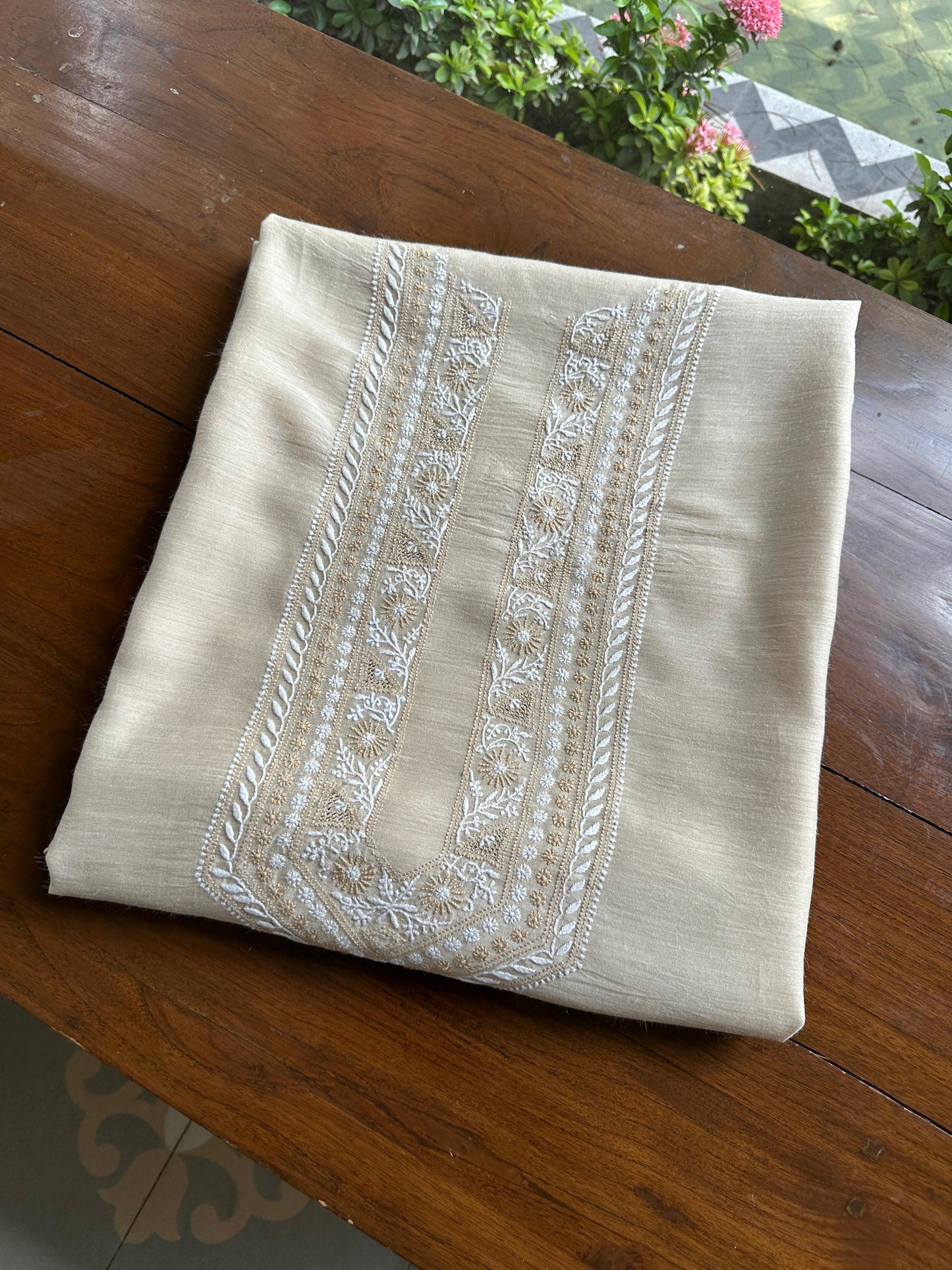 Natural Beige Moonga Silk Chikankari Men’s Kurta Fabric