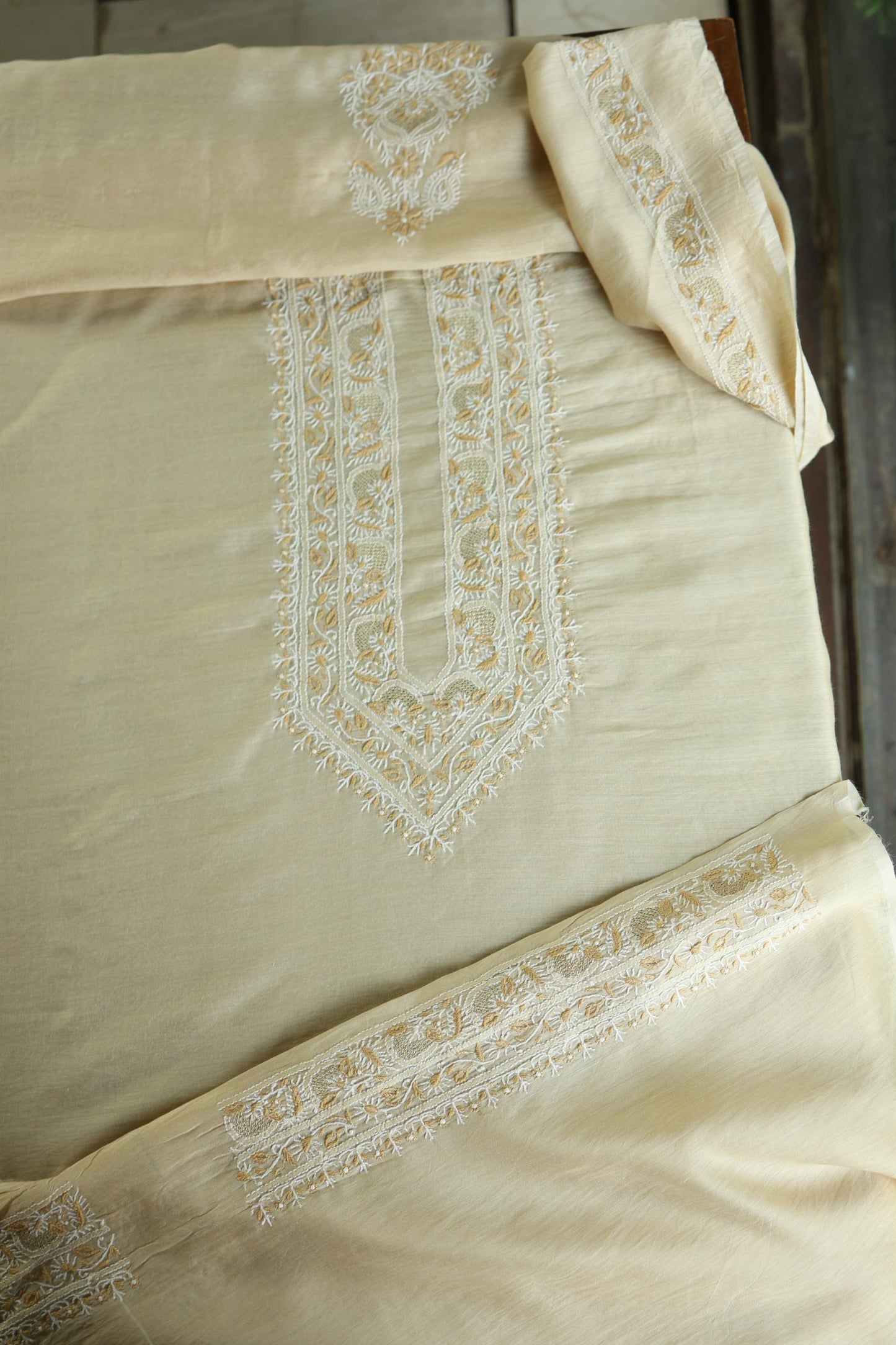 Natural Beige Moonga Silk Chikankari Men’s Kurta Fabric