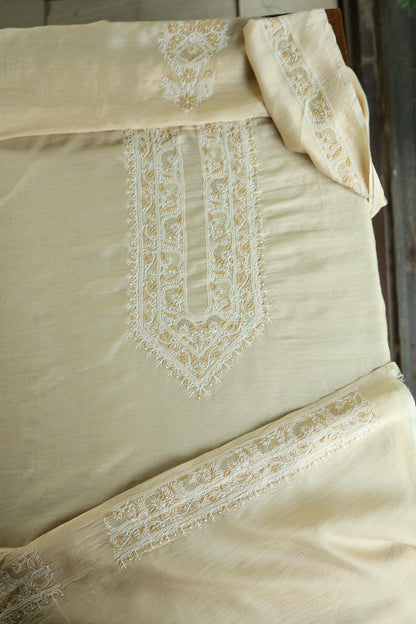 Natural Beige Moonga Silk Chikankari Men’s Kurta Fabric